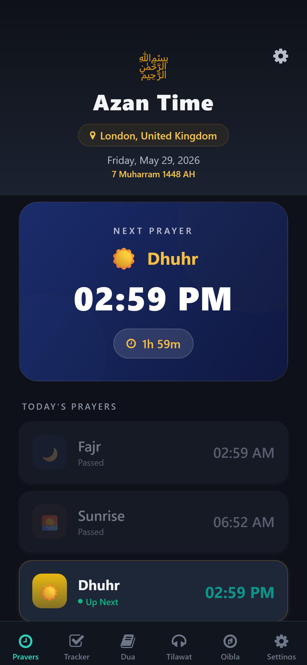 Azan Time home screen showing today's prayer times in dark mode