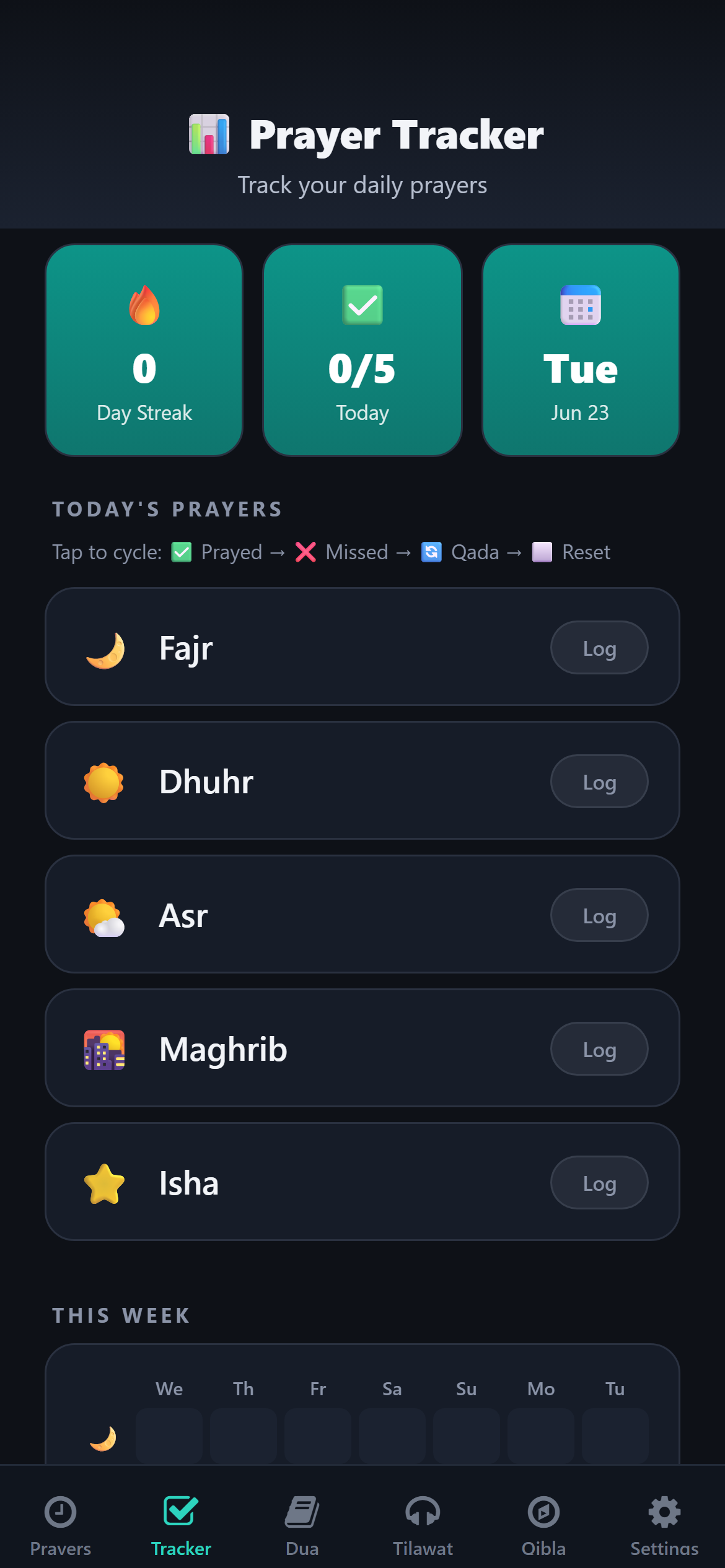 Prayer streak tracker with daily log and achievements