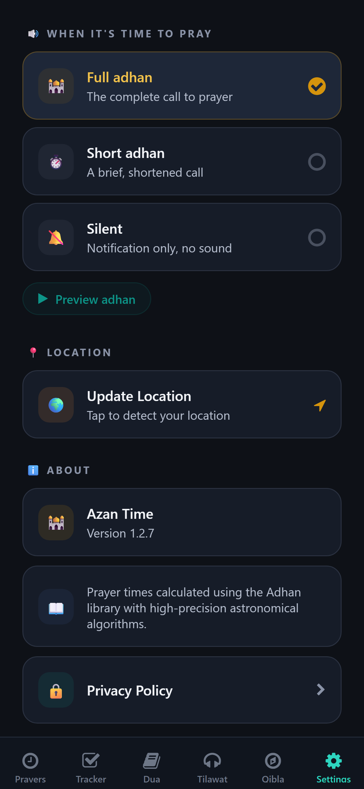 Azan sound picker: full adhan, short adhan, or silent